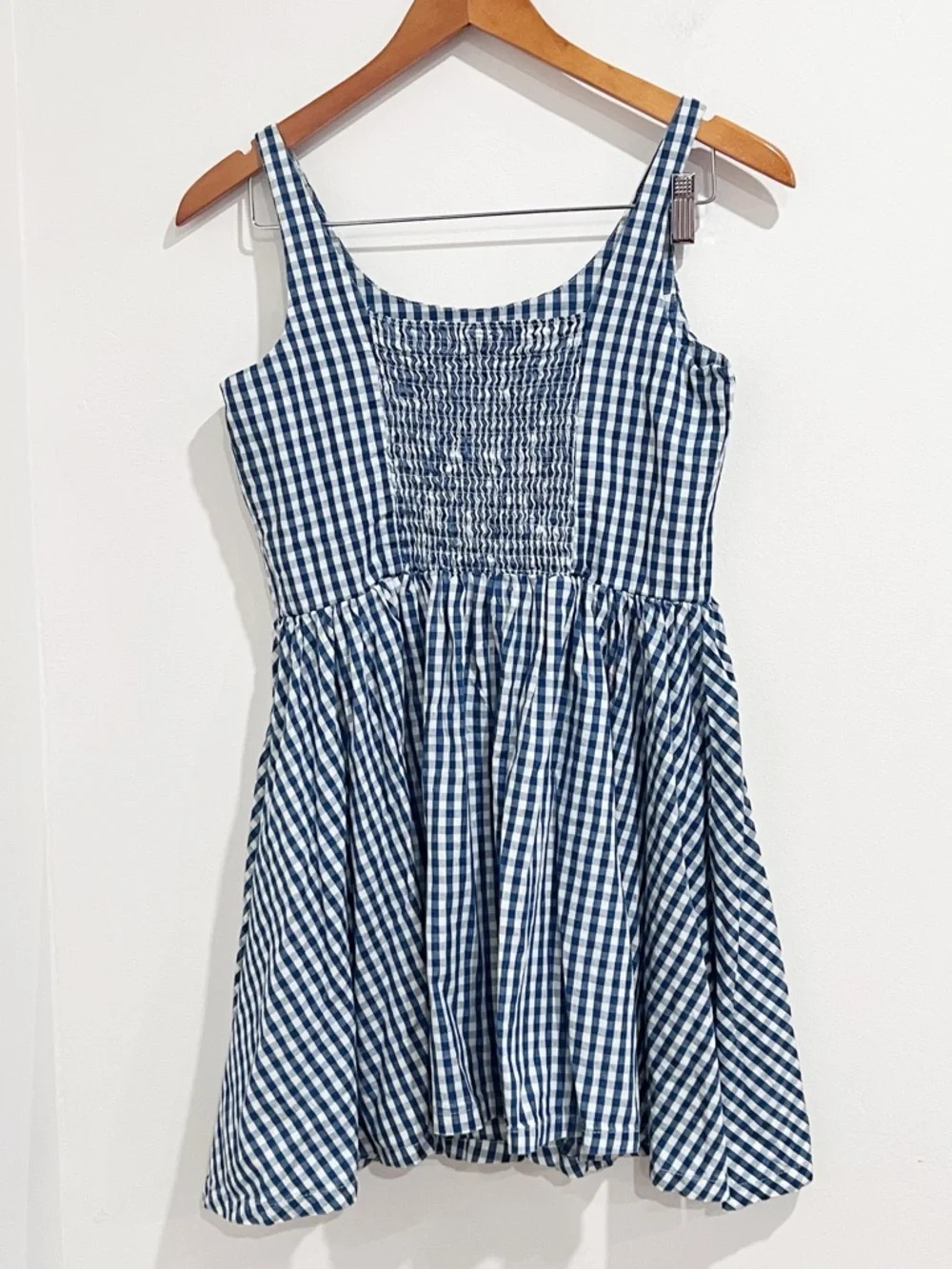 NWT GAP Girls Square Neck Blue Gingham Smocked Cotton Denim Tank Dress